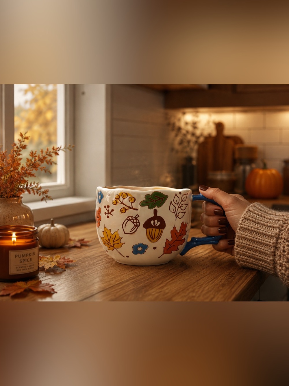 Fall Ceramic Coffee Mug 16 oz, Hand Painted Acorn Leaf Tea Cup, Cozy Autumn